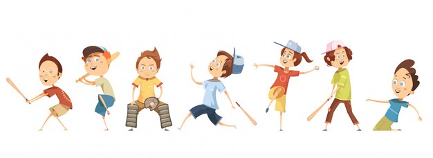 Conjunto de personajes de dibujos animados divertidos niños en diferentes poses jugando béisbol plana