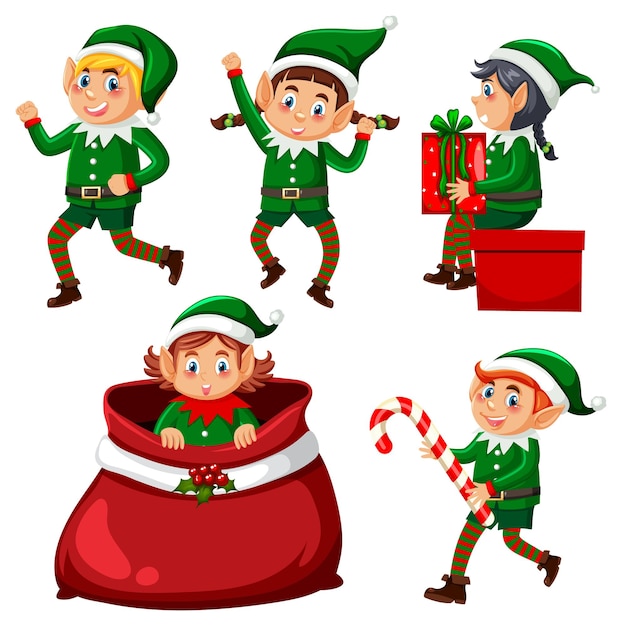 Vector gratuito conjunto de personajes de dibujos animados de duende navideño