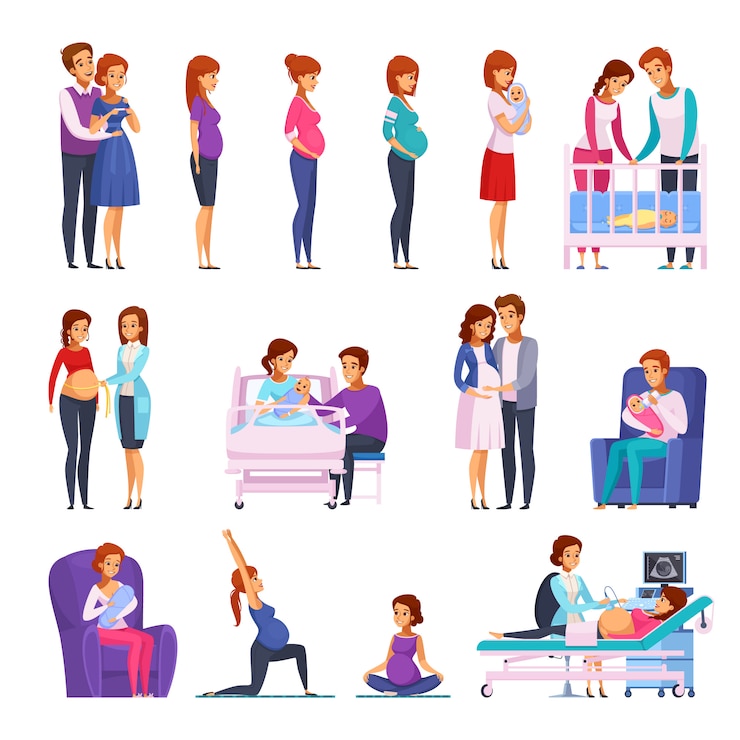 Vector gratuito conjunto de personajes de dibujos animados de embarazo recién nacido