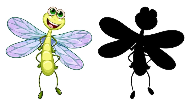 Vector gratuito conjunto de personajes de dibujos animados de insectos y su silueta sobre fondo blanco