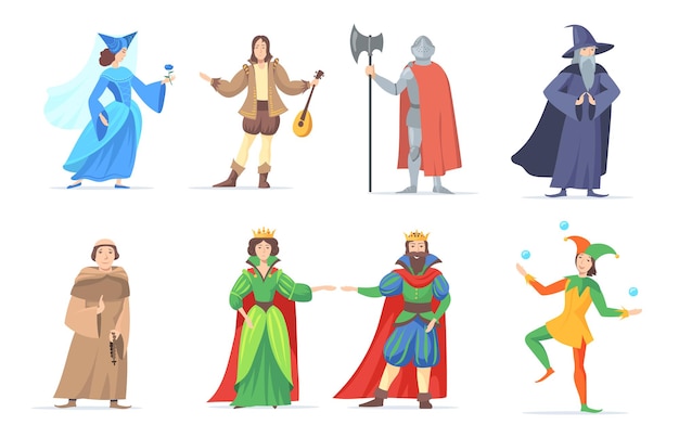 Conjunto de personajes de dibujos animados medievales con trajes históricos. Ilustración plana