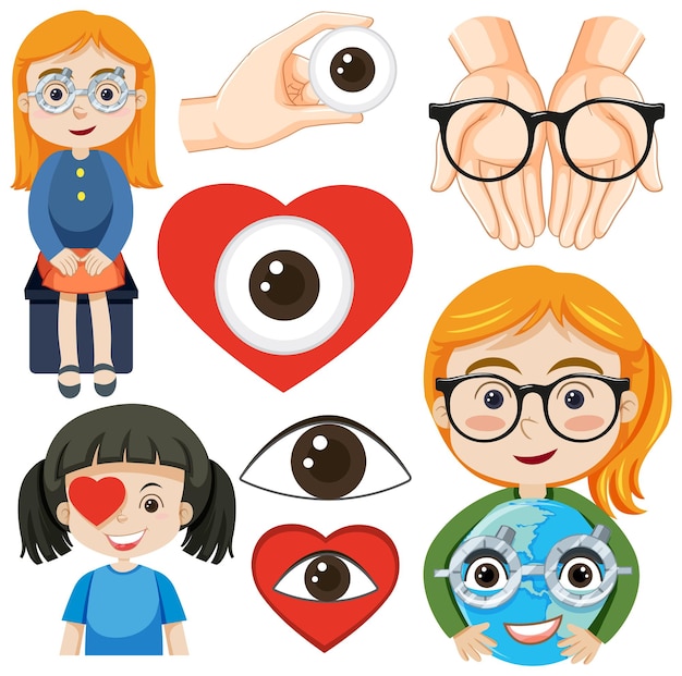Vector gratuito conjunto de personajes de dibujos animados para niños con problema de ojos