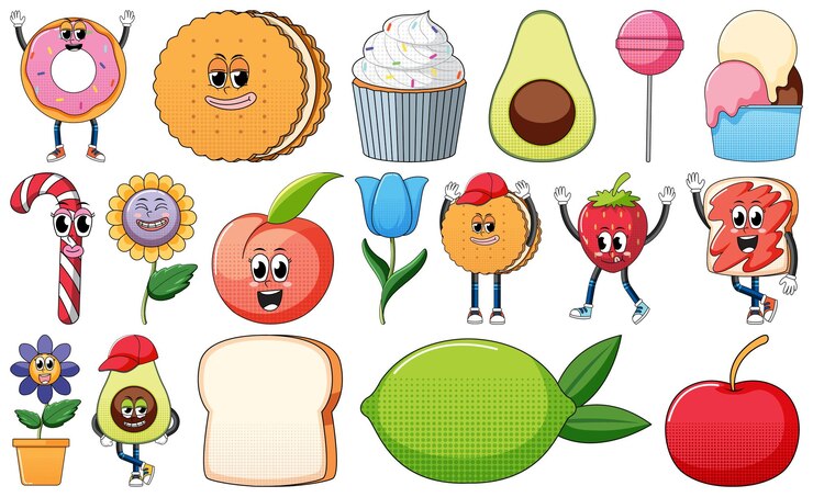 Vector gratuito conjunto de personajes de dibujos animados de objetos y alimentos.