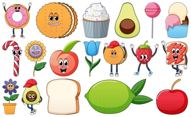 Conjunto de personajes de dibujos animados de objetos y alimentos.