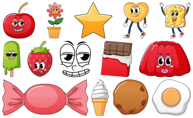 Conjunto de personajes de dibujos animados de objetos y alimentos.