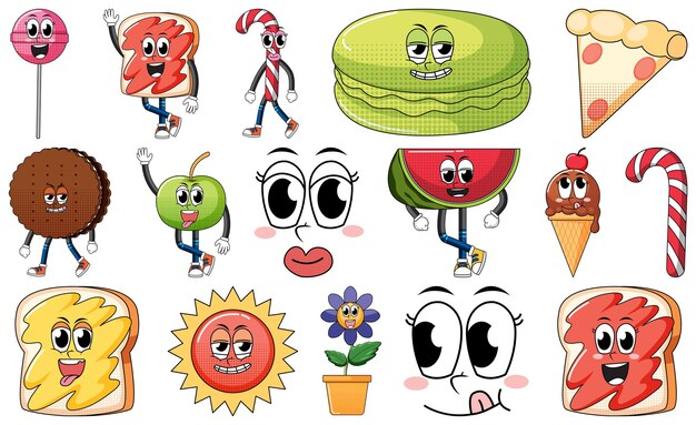 Conjunto de personajes de dibujos animados de objetos y alimentos.