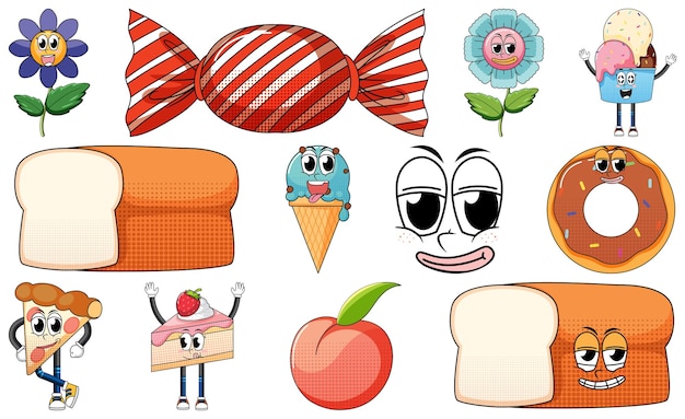 Conjunto de personajes de dibujos animados de objetos y alimentos.
