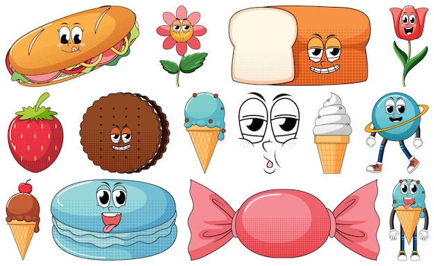 Conjunto de personajes de dibujos animados de objetos y alimentos.