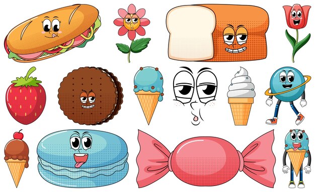 Conjunto de personajes de dibujos animados de objetos y alimentos.