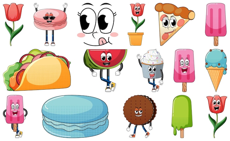 Vector gratuito conjunto de personajes de dibujos animados de objetos y alimentos.