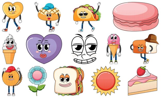 Conjunto de personajes de dibujos animados de objetos y alimentos.