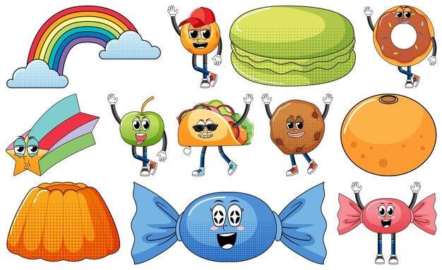 Conjunto de personajes de dibujos animados de objetos y alimentos.