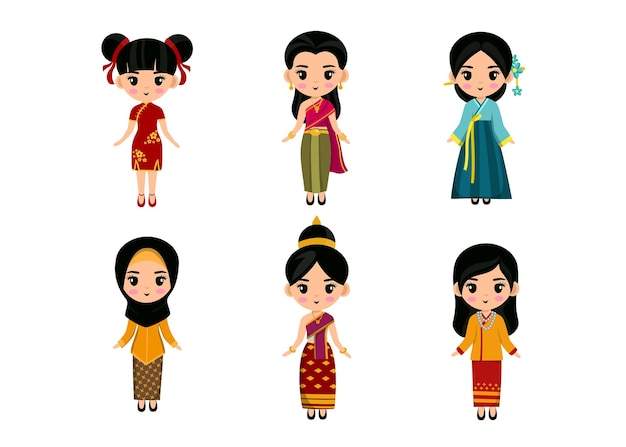 Vector gratuito conjunto de personajes de dibujos animados de personas en ropa asiática tradicional, hermoso concepto de colección de trajes nacionales femeninos, ilustración plana aislada