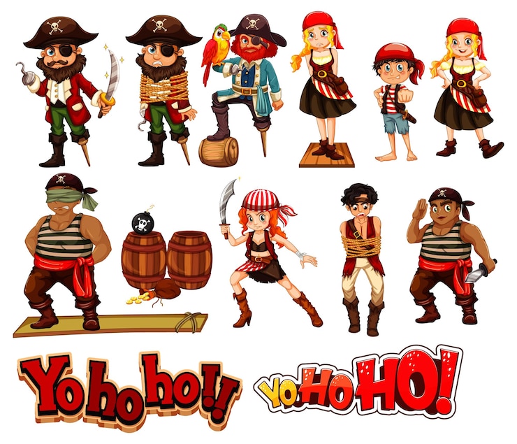 Vector gratuito conjunto de personajes de dibujos animados piratas