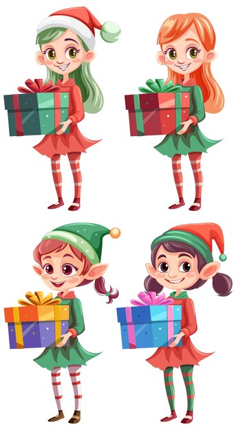 Conjunto de personajes de dibujos animados con regalos de Navidad