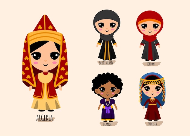 Vector gratuito conjunto de personajes de dibujos animados de ropa tradicional de asia occidental, concepto de colección de trajes nacionales femeninos, ilustración plana aislada