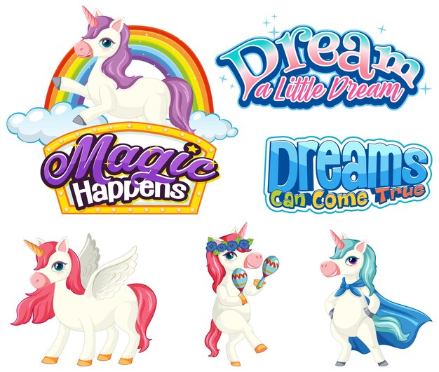 Conjunto de personajes de dibujos animados de unicornio de cuento de hadas