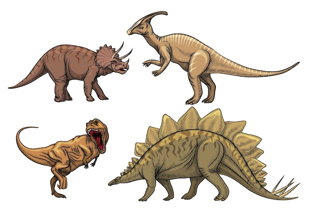 Vector gratuito conjunto de personajes de dinosaurios. tyrannosaurus depredador, triceratops y velociraptor