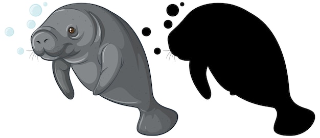 Vector gratuito conjunto de personajes de dugong y su silueta en blanco