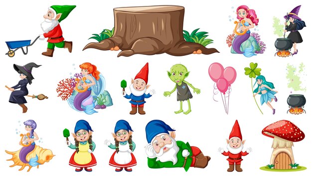 Conjunto de personajes y elementos de cuento de hadas de fantasía