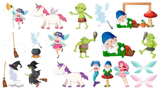 Conjunto de personajes y elementos de cuento de hadas de fantasía