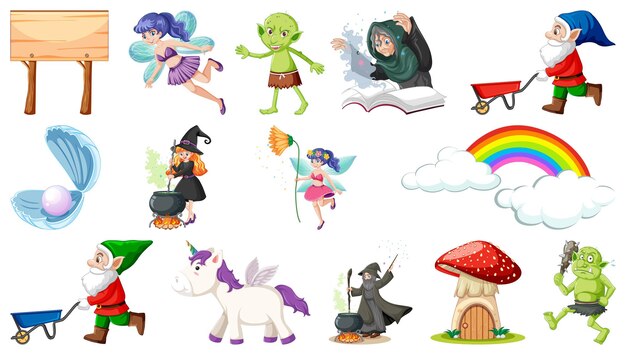 Conjunto de personajes y elementos de cuento de hadas de fantasía