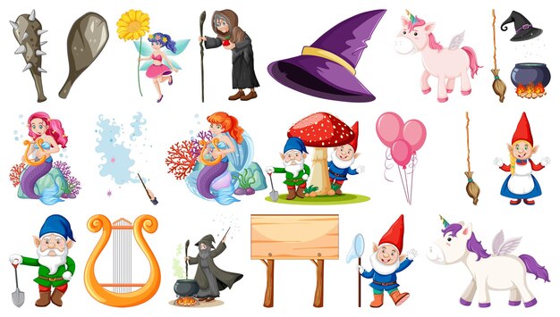 Conjunto de personajes y elementos de cuento de hadas de fantasía