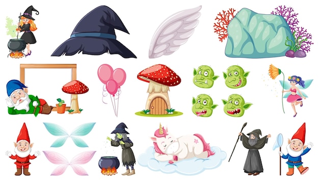 Conjunto de personajes y elementos de cuento de hadas de fantasía
