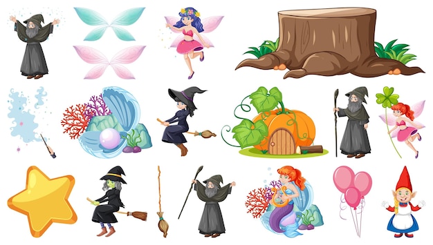 Conjunto de personajes y elementos de cuento de hadas de fantasía