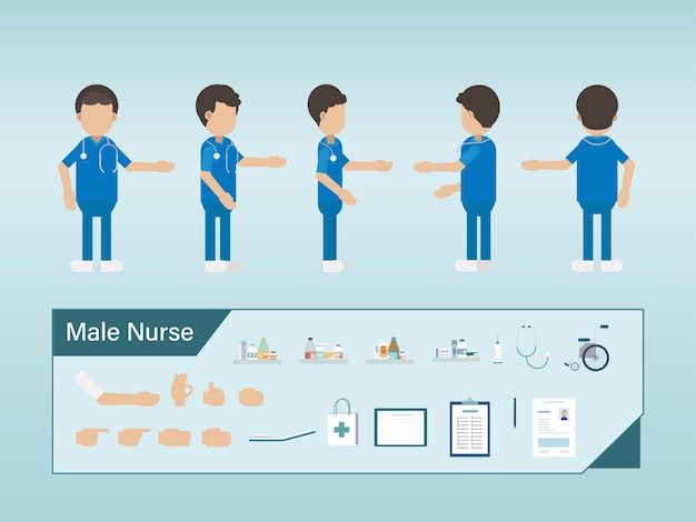 Conjunto de personajes de enfermero vistiendo uniforme azul ilustración vectorial