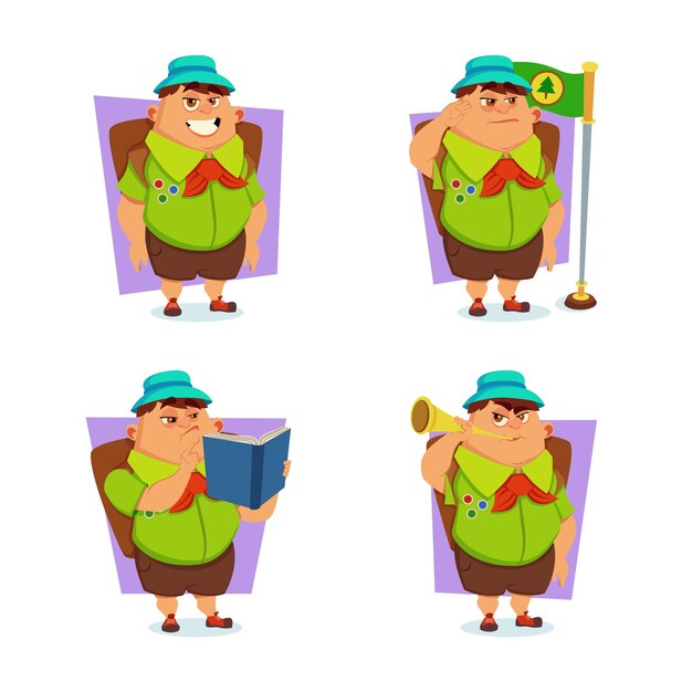 Conjunto de personajes de excursionistas de dibujos animados con mochila, libro de lectura, sonriendo y soplando pipa