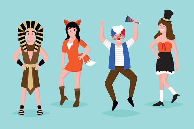 Conjunto de personajes felices de carnaval dibujados a mano