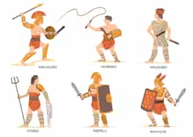 Vector gratuito conjunto de personajes de gladiadores. antiguos guerreros romanos y griegos, personajes de la mitología, soldados espartanos con espadas y escudos.