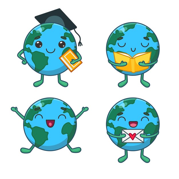 Conjunto de personajes de globo de dibujos animados que se gradúan, regocijándose al recibir una carta de amor y un libro de lectura