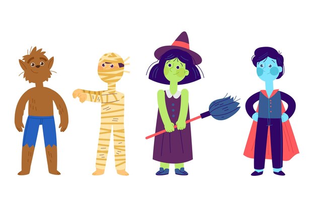 Conjunto de personajes de halloween dibujados a mano