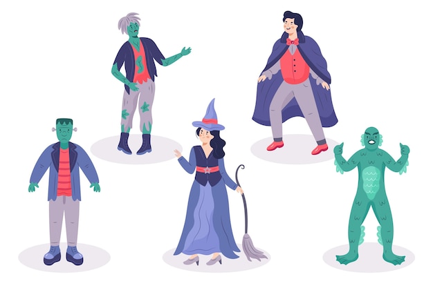 Conjunto de personajes de halloween dibujados a mano