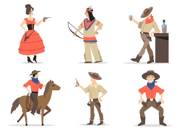 Conjunto de personajes de historias de vaqueros. Residentes tradicionales del salvaje oeste, indios rojos, chico de rodeo con lazo a caballo, sheriff bebiendo whisky en el salón. Por la cultura, la tradición y la historia estadounidenses