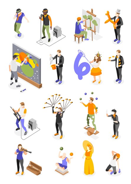 Conjunto con personajes humanos aislados de artistas callejeros con íconos isométricos de herramientas de rendimiento y materiales de ilustración vectorial