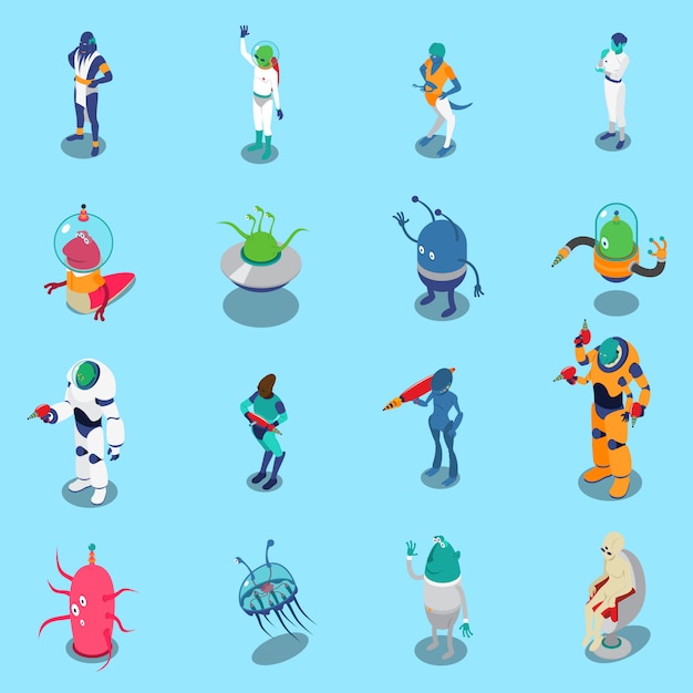 Vector gratuito conjunto de personajes isométricos de extraterrestres