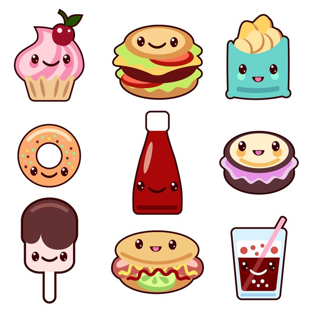 conjunto de personajes kawaii de comida rápida y frutas