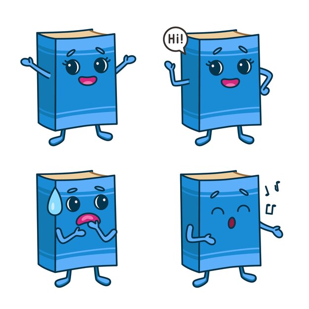 Conjunto de personajes de libros de dibujos animados cantando canciones, saludando, saludando y asustando