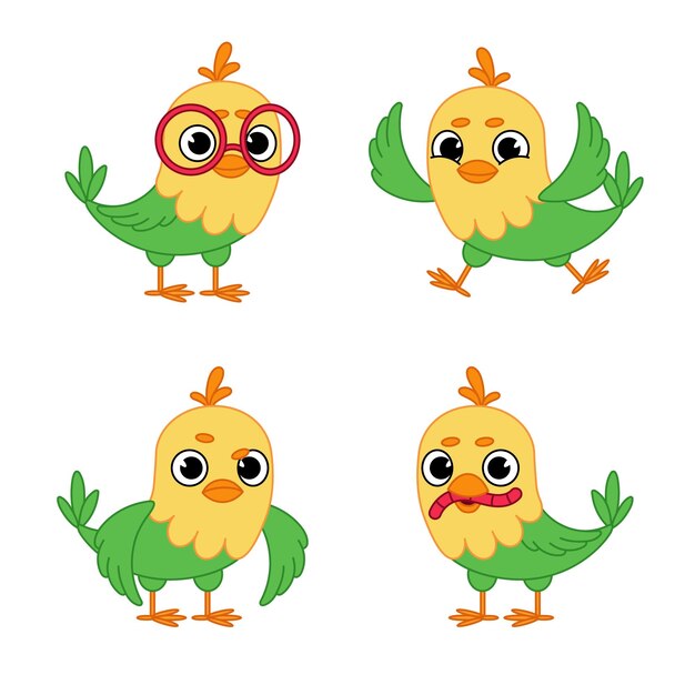Conjunto de personajes de loros de dibujos animados con anteojos, comiendo gusanos, volando y frunciendo el ceño