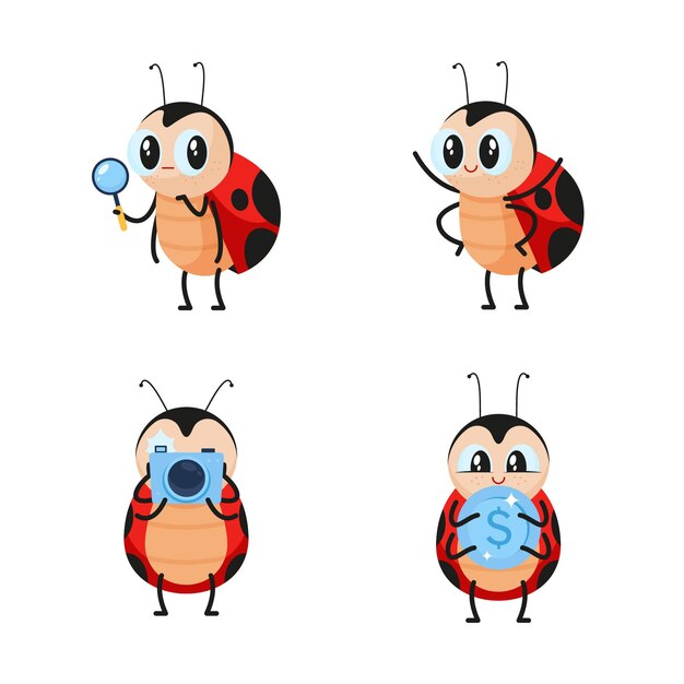 Conjunto de personajes de mariquita de dibujos animados tomando fotos en la cámara, sosteniendo una moneda de un dólar y una lupa