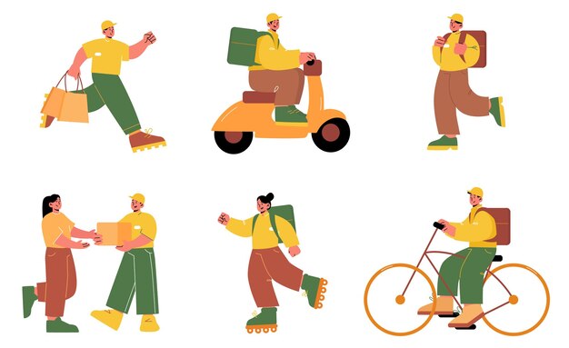 Conjunto de personajes de mensajería que entregan el paquete al cliente
