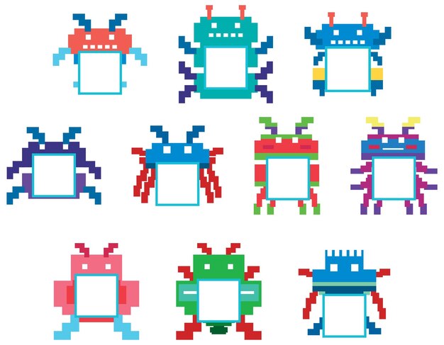 Conjunto de personajes de monstruos de juegos de píxeles aislados