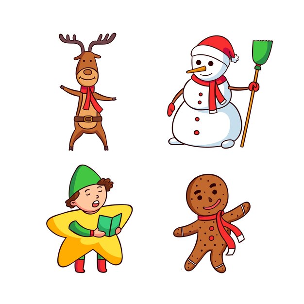 Conjunto de personajes navideños dibujados a mano