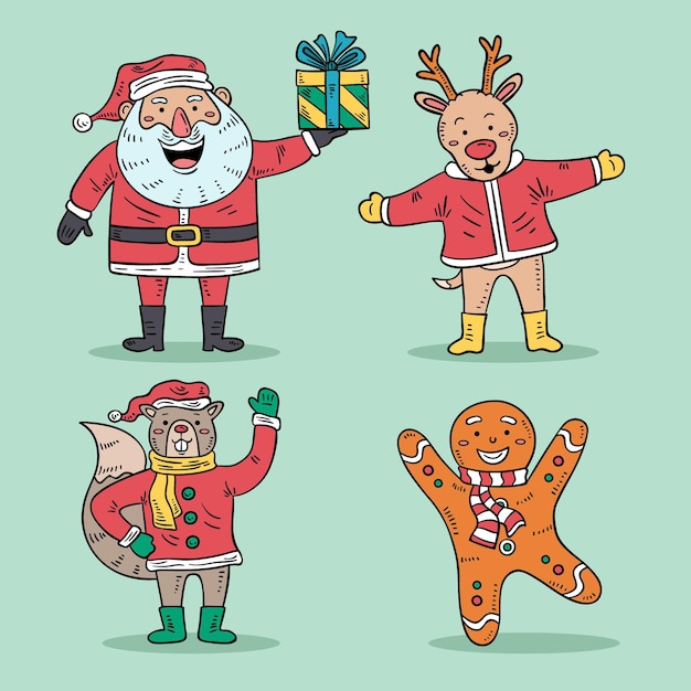 Conjunto de personajes navideños dibujados a mano