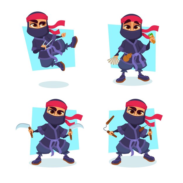 Conjunto de personajes ninja de dibujos animados en lucha de máscaras, sosteniendo armas arrojadizas y cuchillos