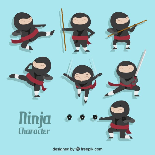 Conjunto de personajes de ninja tradicionales con diseño plano