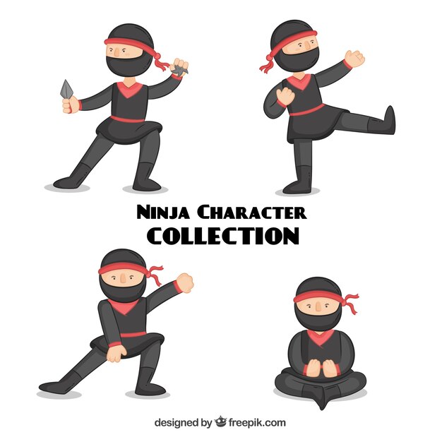 Conjunto de personajes de ninja tradicionales con diseño plano